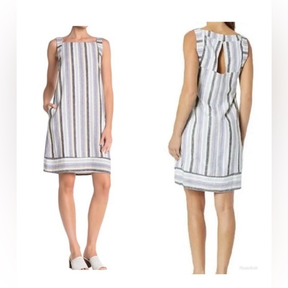 ForCynthia Linen Blend Striped Knee Length Shift Dress M - Picture 1 of 11